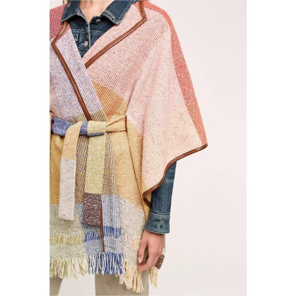 Anthropologie Nomad by Morgan Carper Belted Fringe Shawl Wrap Cape - Picture 3 of 16